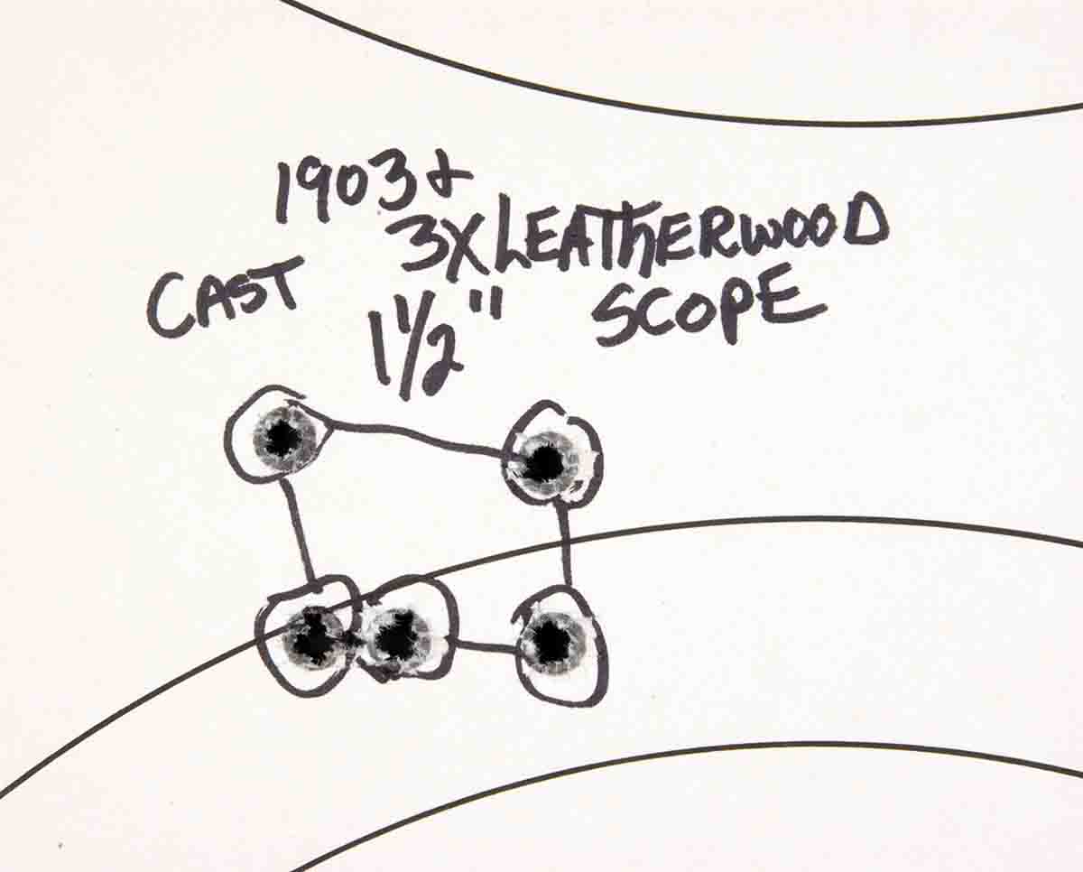 A Model 1903 with a 3x Leatherwood scope was capable of groups this tightat 100 yards. The bullet was a Lyman 311299 loaded over 25 grains of A-5744 powder.